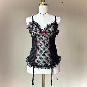 Vintage Lingerie Corset Top Nan Flower Tagged L Runs Small Black Red 80s/90s